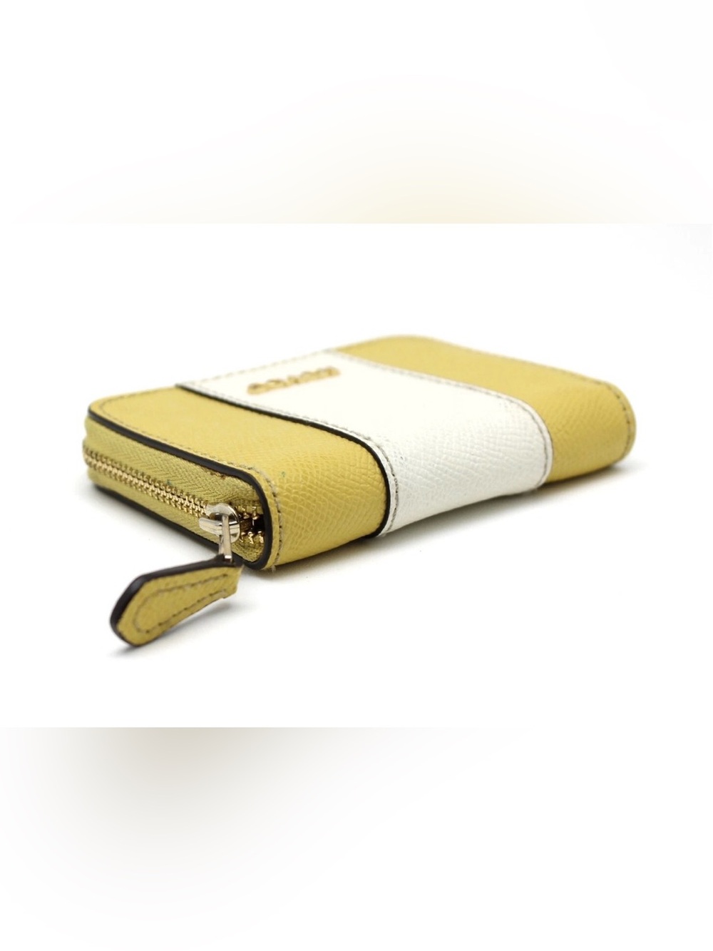 Coach Color Block Yellow White Pebble Leather Small Zip Card Holder Wallet Vtg - Picture 4 of 5